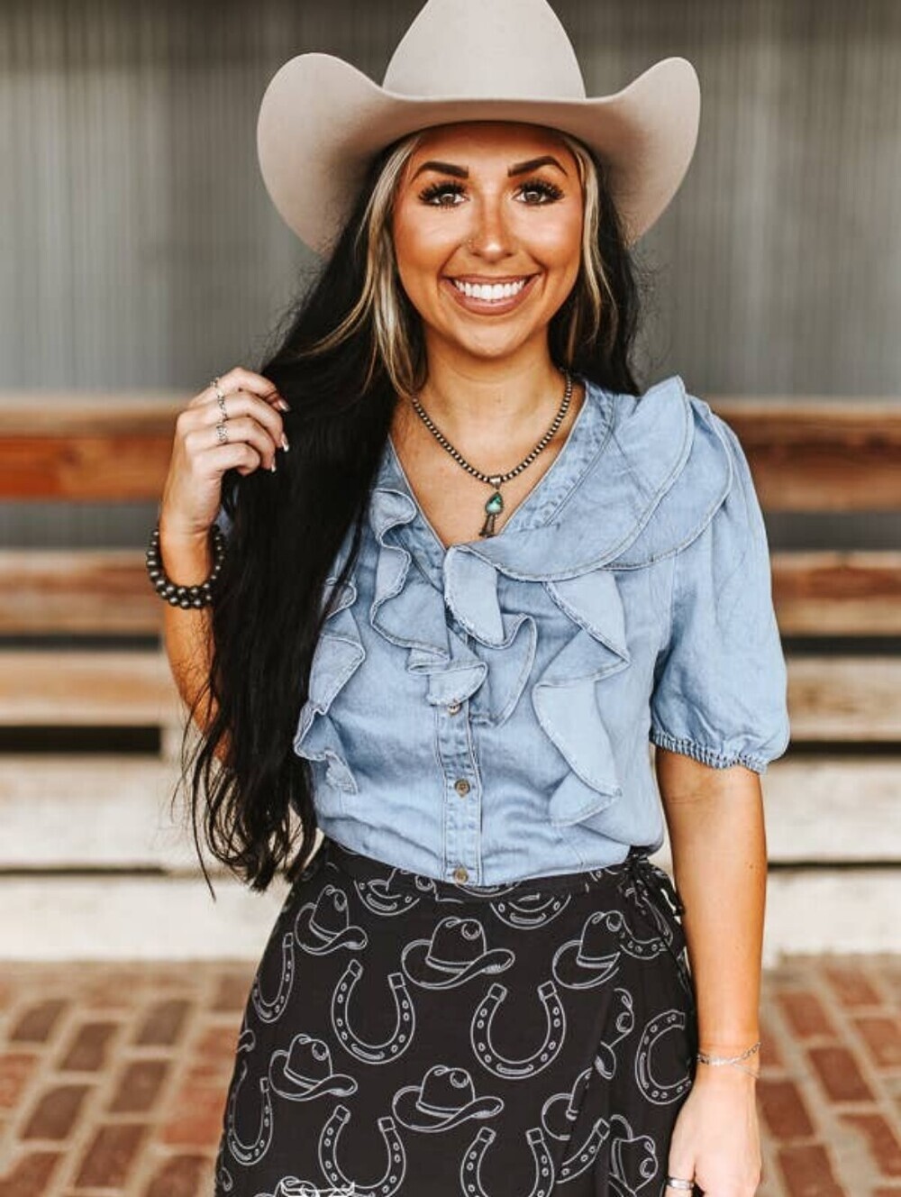 NEW Lucky And Blessed Light Wash Button Down Short Sleeve Light Denim Ruffle Top